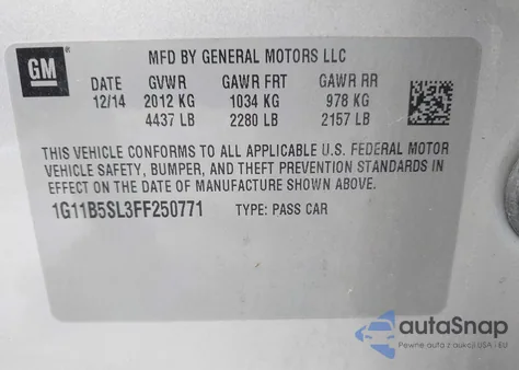 2015 Chevrolet Malibu Ls from USA, damaged, VIN 1G11B5SL3FF250771